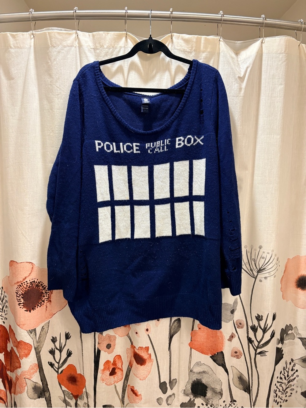 torrid Doctor Who police box Navy Blue BBC Exclusive Distressed Knit Sweater